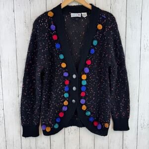 VTG Caroll Black Multi Polka Dot Pom-Poms Mohair-Acrylic Cardigan Size Large